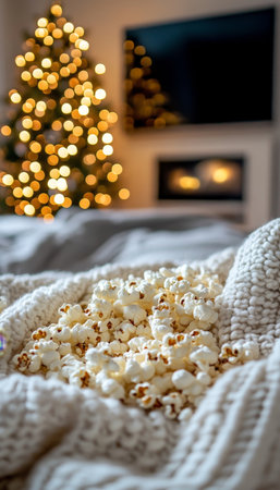 Cozy Christmas Movie Night Popcorn, Blankets, and the Warm Glow of the Holiday Seasonの素材