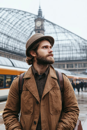 Stylish Traveler in Fedora Waits for Train at Grand Station - Solo Travel and Adventure Awaitsの素材