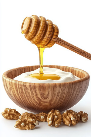 Wooden Bowl of Yogurt With Honey Being Poured and Walnuts Scattered Around It On Whiteの素材