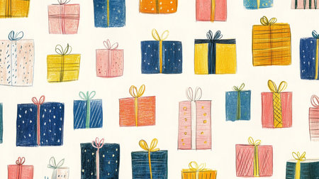 Colorful Illustrated Gift Boxes Pattern, Festive Background for Birthday, Holiday, or Celebrationの素材