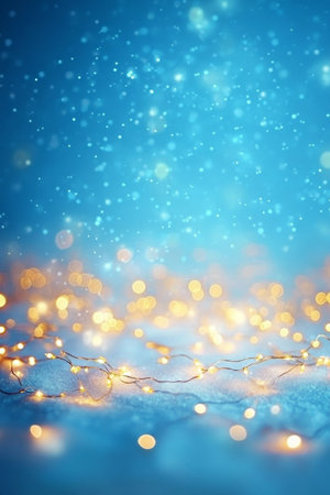Festive Background With Falling Snow, Golden Lights Bokeh Effect, And Snowy Landscapeの素材