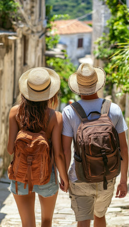 Couple Exploring Picturesque European Town on Summer Vacation, Travel and Tourism Contentの素材