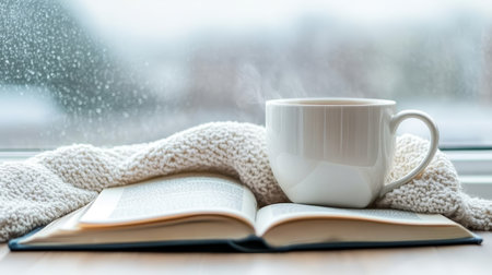 Cozy Winter Day Open Book and Steaming Mug on Knit Blanket by Window with Snowy Background.の素材