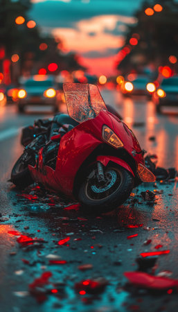 Damaged Motorcycle Crash on City Street, Wreckage and Debris at Dusk, Urban Accident Sceneの素材