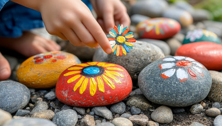 Child s Hands Adding Floral Designs To Brighten Summer Day With Colorful Painted Rocks.の素材
