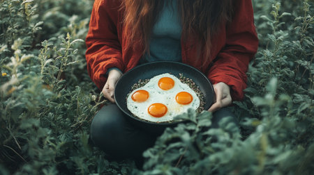 Woman Holding Pan with Fried Eggs in Lush Green Field, Enjoying Breakfast Amidst Natureの素材