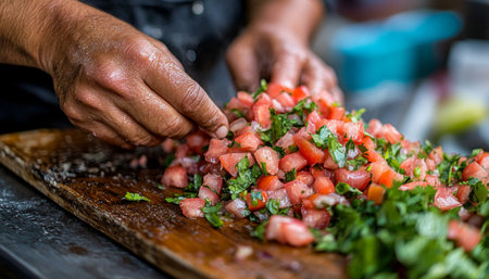 Fresh Salsa Preparation Hands Chopping Tomatoes, Cilantro, and Onions on Rustic Boardの素材