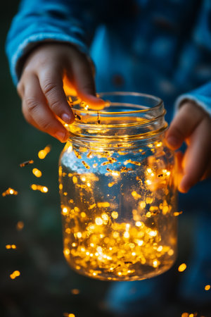 Child s Hands Holding Mason Jar Filled with Glowing Fairy Lights, Summer Evening Magicの素材