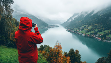 Lone Traveler Captures Memories at Scenic Mountain Lake Viewpoint, Ideal for Adventure Contentの素材