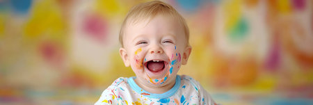 Portrait of a Joyful Toddler with Paint on Face, Laughing Against a Colorful Backgroundの素材