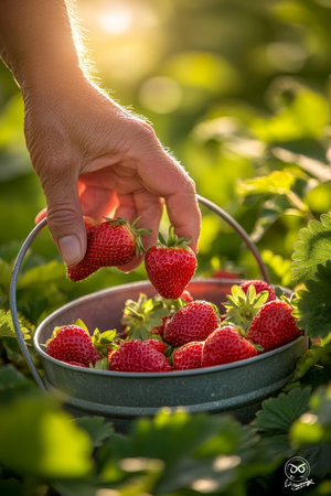 Sunset Strawberry Harvest A Hand Picks Fresh Berries, Filling a Bucket with Summer s Sweetness.の素材