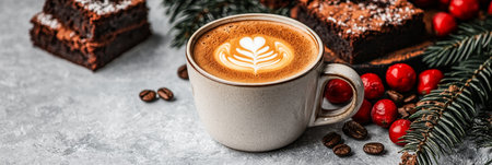 Steaming Latte Art with Festive Holiday Brownies and Pine Branches, a Cozy Winter Treatの素材