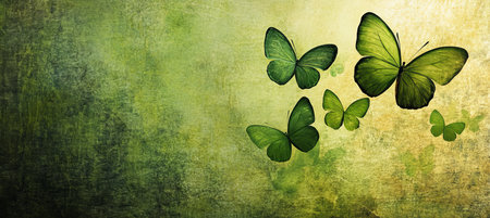 Green Harmony Five Butterflies Flutter Across A Textured Background Embracing Their Renewalの素材