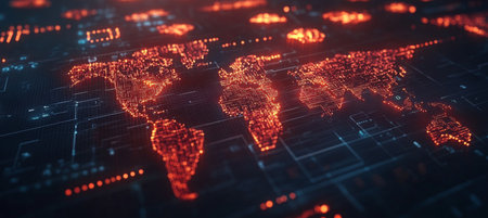 Illuminated World Map on a Circuit Board, Symbolizing Global Connections and Technologyの素材
