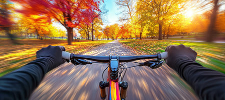First-Person View of Mountain Biking Adventure Through Vibrant Autumn Forest at Sunsetの素材