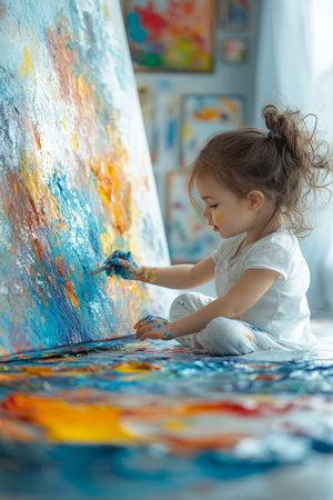 Toddler Girl Having Fun with Finger Painting, Getting Messy in Art Class, Creative Playの素材