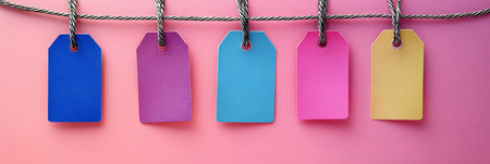 Five Colorful Blank Price Tags Hanging On String Against Pink Background, Retail Sale Concept.の素材