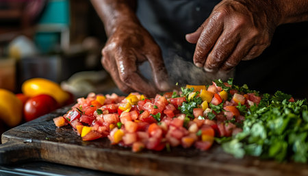 Experienced Chef s Hands Chopping Vibrant, Fresh Salsa Ingredients on a Rustic Wooden Cutting Boardの素材