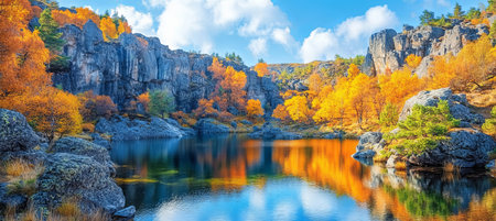 Golden Reflections Stunning Autumn Colors at a Serene Lake Nestled Amidst Rocky Cliffsの素材