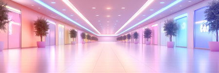 Vibrant, Empty Storefront Corridor with Modern Lighting and Potted Trees in Pastel Colorsの素材