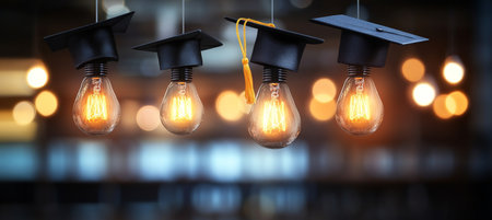 Illumination and Graduation Four light Bulbs Adorned with Graduation Caps Symbolizing New Startの素材