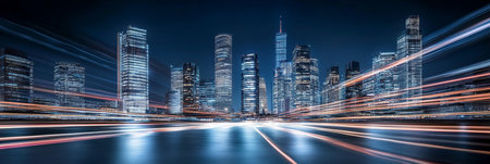Urban Landscape Time-Lapse, Modern Cityscape At Twilight With Light Trails Symbolizing Traffic Flowの素材