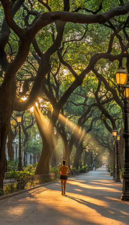Sunlit Tree Tunnel Jog A lone woman jogs on path beneath arching tree limbs and morning sunrays.の素材