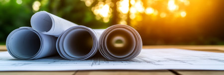 Construction Plans On Table With Green Background, Architectural Blueprint House Plan Drawingの素材