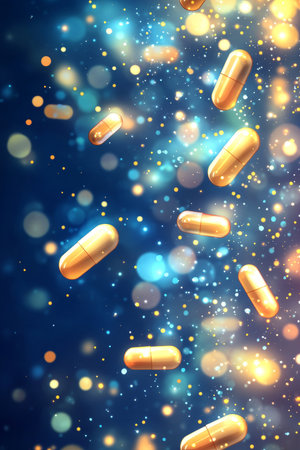 Golden Pills, Health Innovation Background With Abstract Shapes, And Blurred Lighting Effectsの素材