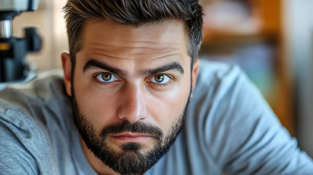 Close-Up Portrait Of A Young Man With A Beard, Focus On His Intense Gaze And Expressive Eyes.の素材