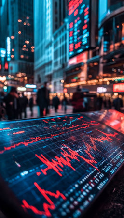 Financial District, Stock Market Trends and City Lights, Red and Blue Colors With Optimism Feelingの素材