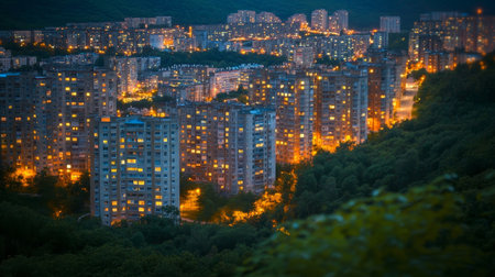 Urban Landscape at Twilight Dense Residential District with Glowing Windows and Lush Greenery.の素材