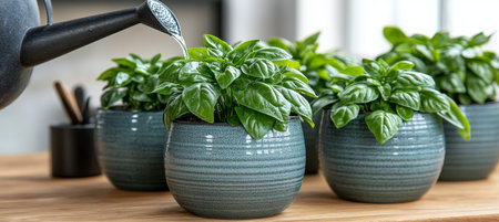 Watering Indoor Herb Garden Lush, Thriving Basil Plants on Tabletop, Kitchen Window Gardeningの素材
