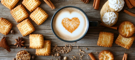 Coffee Latte Art With Heart Design Surrounded by Snacks And Spices on Rustic Wooden Tableの素材
