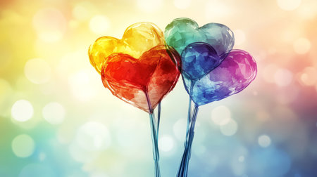 Abstract Rainbow Hearts, Multicolored Festive Sparkle Hearts on a Gentle Pastel Background.の素材