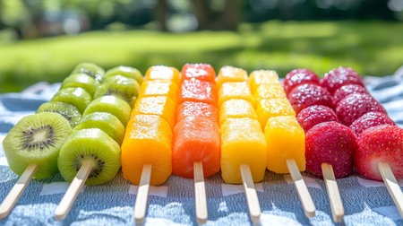 Refreshing Summer Fruit Skewers A Colorful Assortment on a Picnic Blanket in the Parkの素材
