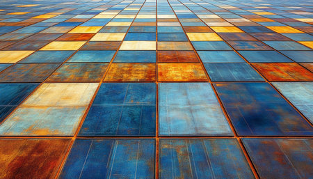 Colorful Metallic Tiles Abstract Texture Background Showing an Interesting Perspective Grid Patternの素材