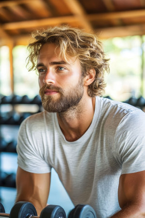 Focused Athlete Lifting Weights Portrait of a Determined Young Man Exercising in the Gymの素材