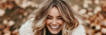 Portrait of a Beautiful Smiling Young Woman with Long Blonde Hair in Autumn Leaves, Outdoorsの素材