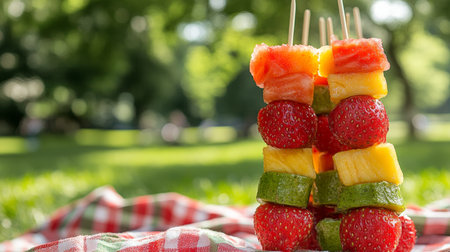 Juicy Summer Fruit Skewers On A Red Gingham Blanket, Perfect For A Refreshing Dessertの素材