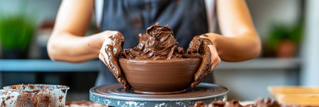 Hands of a Ceramic Artist Creating with Clay, Molding Art on a Pottery Wheel in the Studioの素材