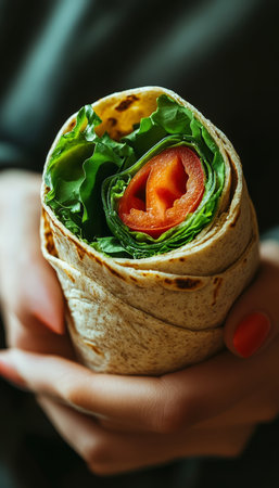 Fresh Veggie Wrap with Tomato, Lettuce, and Greens Held in Hands., Healthy Vegan Foodの素材