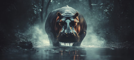 A large hippopotamus emerges from a dark forest, walking towards the camera with intense eyes.の素材