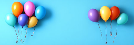 Colorful balloons floating on a light blue background, celebration concept with copy space.の素材