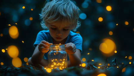 Little boy with glowing jar full of fireflies on magical summer night in enchanted forestの素材