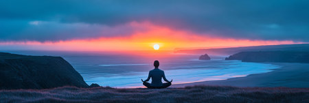 Meditation on a cliff at sunset  embracing serenity and mindfulness by the oceanの素材