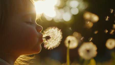 Child Blowing Dandelion Seeds Summer Joy, Golden Sunlight, Childhood Dreams, Nature s Magicの素材