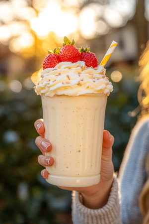 Strawberry Milkshake. Sweet Dessert with Whipped Cream, Sprinkles, and Fresh Strawberries Outdoorの素材