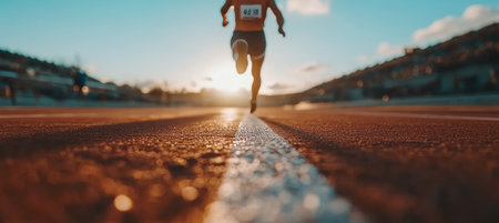 Athlete sprinting at sunrise on outdoor track with stopwatch for fitness and nutrition insightsの素材