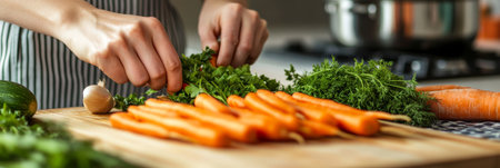 Chef s Hands Preparing Fresh Ingredients, Carrots, Herbs on a Wooden Cutting Board in Home Kitchenの素材